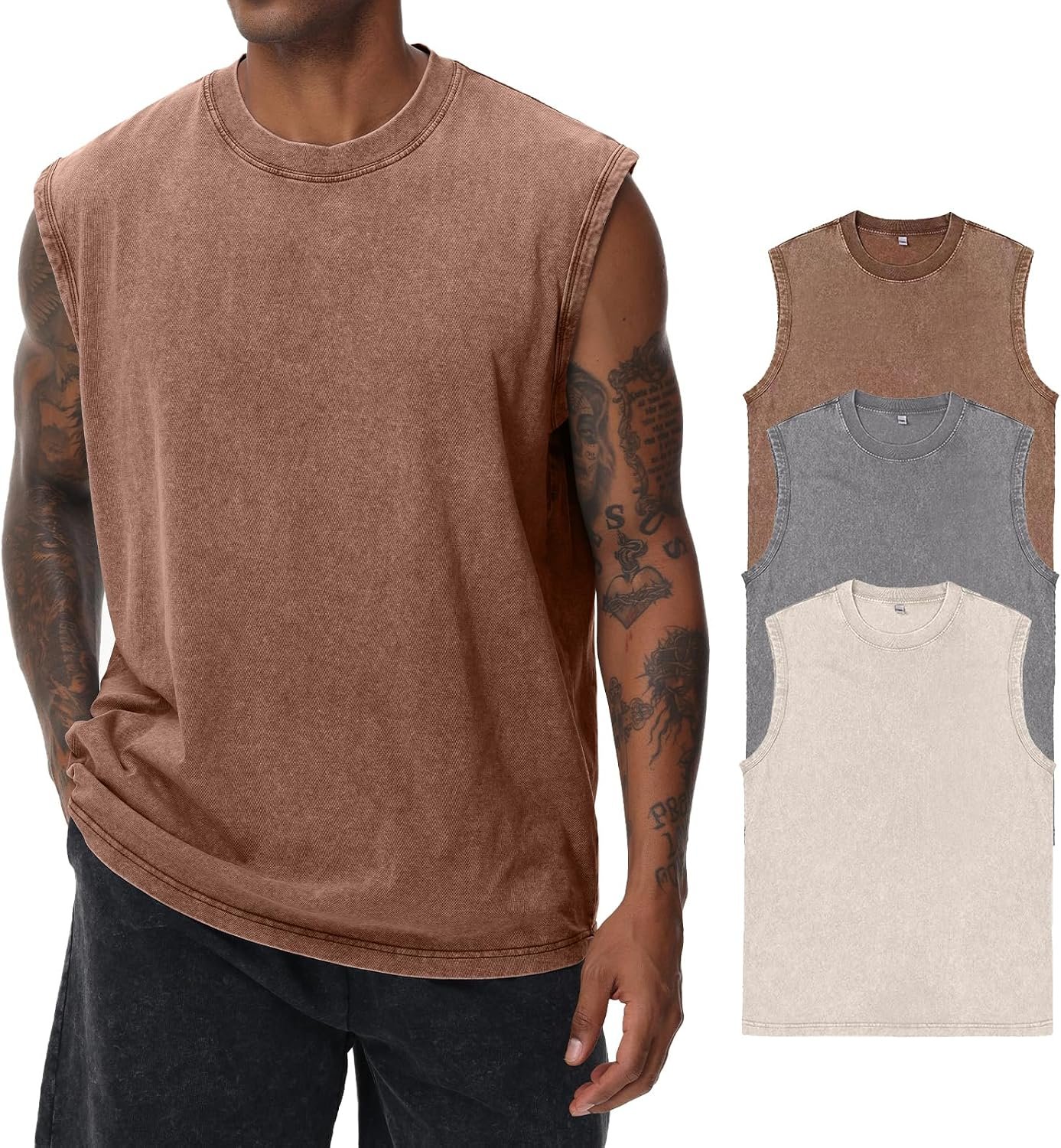 81ffcpWoXJL._AC_SL1500_ Men’s Cotton Muscle‑Style Cut‑Off Tank Tops, Loose‑Fit Sleeveless Tees for Gym Training, Running and Beach - Image 1
