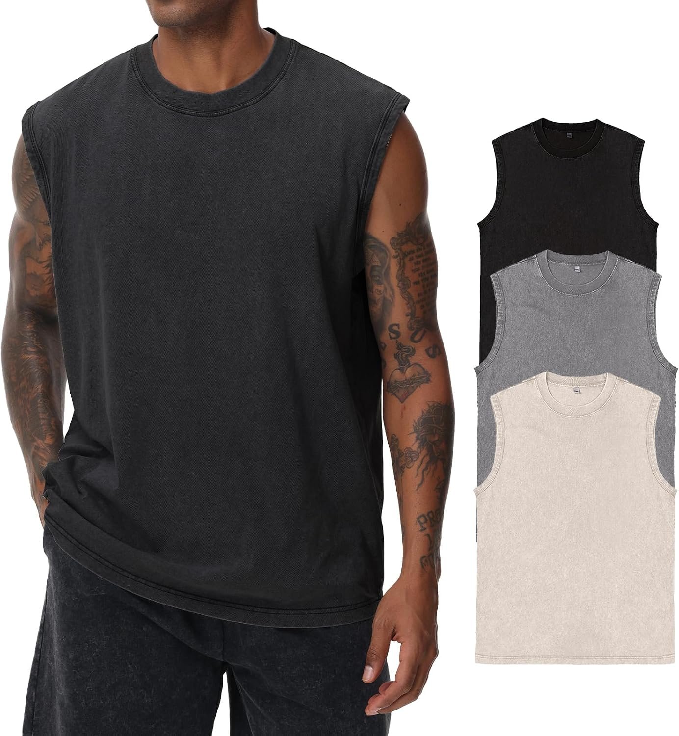 71AsdN0U9bL._AC_SL1500_ Mens Cut‑Off Muscle Sleeveless Cotton Tops, Relaxed Loose Fit Tank Tees for Gym, Running & Beach Scenarios - Image 1