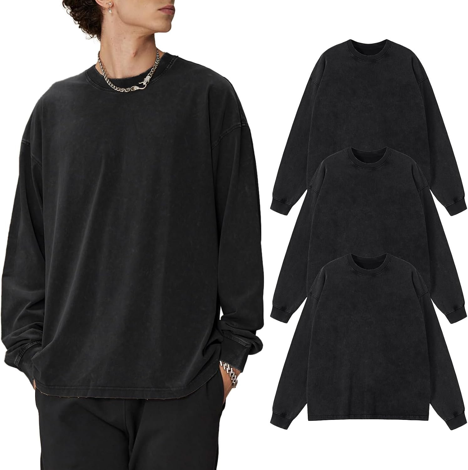 Vintage Acid‑Wash Oversized Long Sleeve Shirts for Men, Soft Comfort‑Fit Crewneck Sweatshirt - Image 1